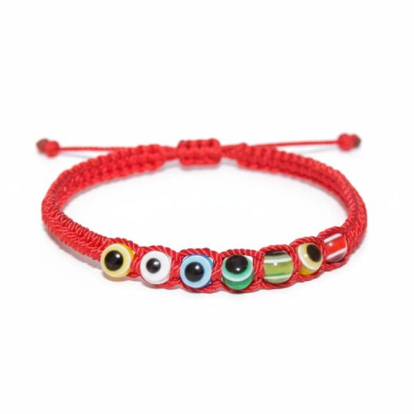 Pulsera de hilo rojo con 7 ojos turcos de colores