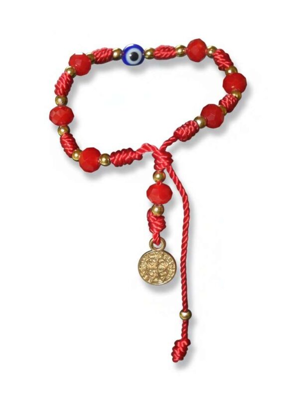 Pulsera de hilo rojo con San Benito y ojo turco