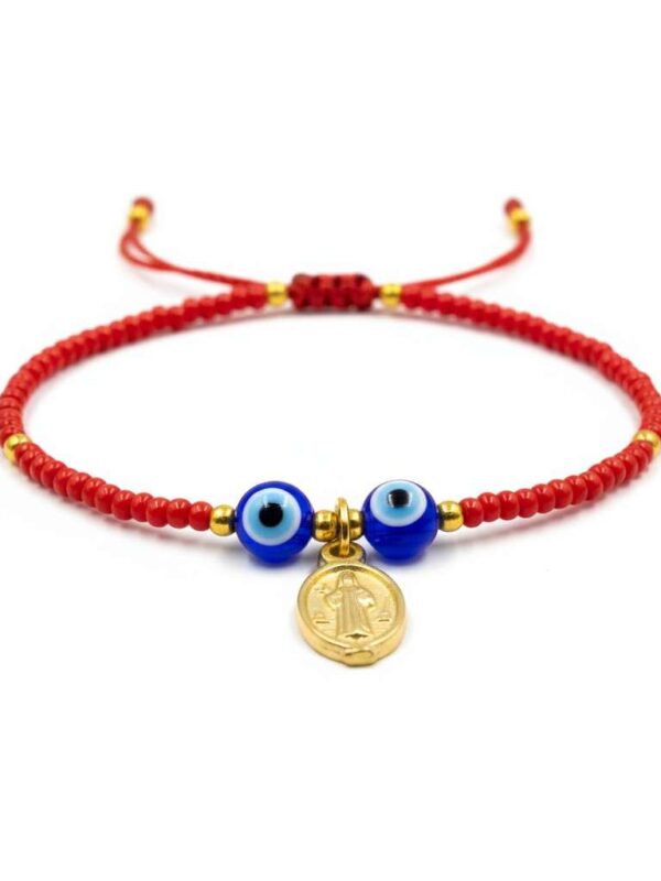 Pulsera de chaquira y protección: Diseño único con San Benito y ojos turcos