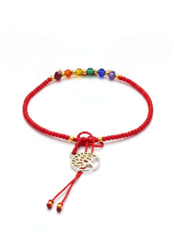 Pulsera artesanal roja: Árbol y la vida y chaquira multicolor