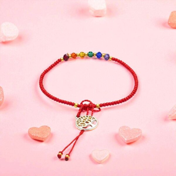 Pulsera artesanal roja: Árbol y la vida y chaquira multicolor