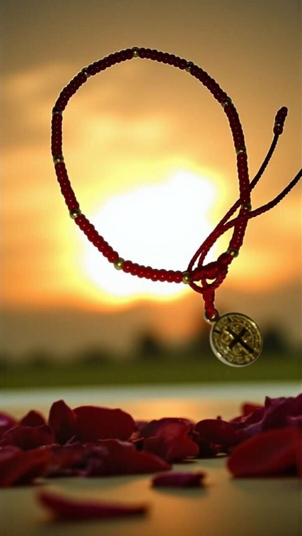 Pulsera de chaquira: San Benito, lujo y protección en rojo y dorado