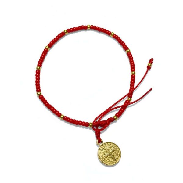 Pulsera de chaquira: San Benito, lujo y protección en rojo y dorado