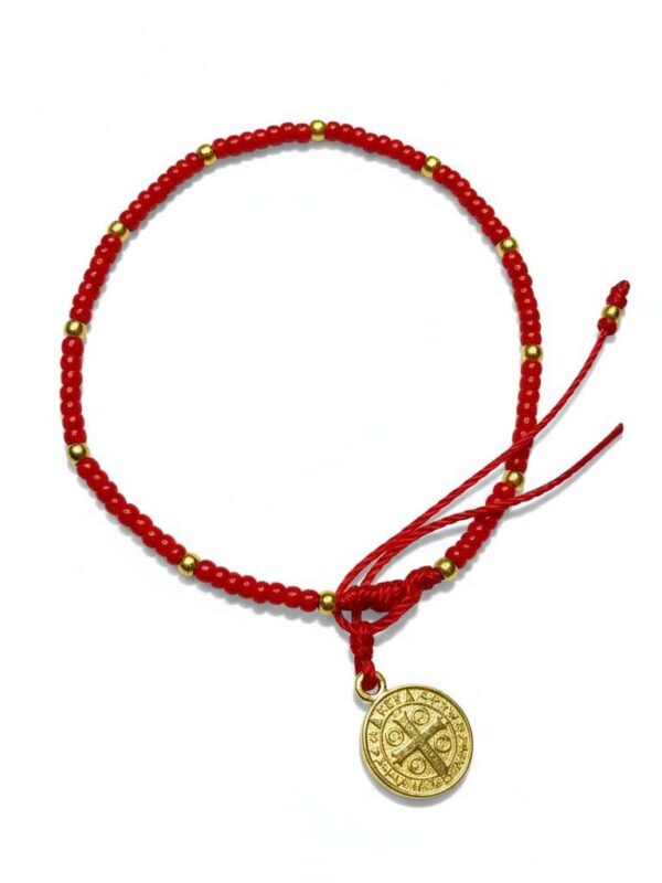 Pulsera de chaquira: San Benito, lujo y protección en rojo y dorado