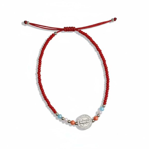 Pulsera de chaquira: San Benito, fuerza y pureza en rojo con destellos color pastel