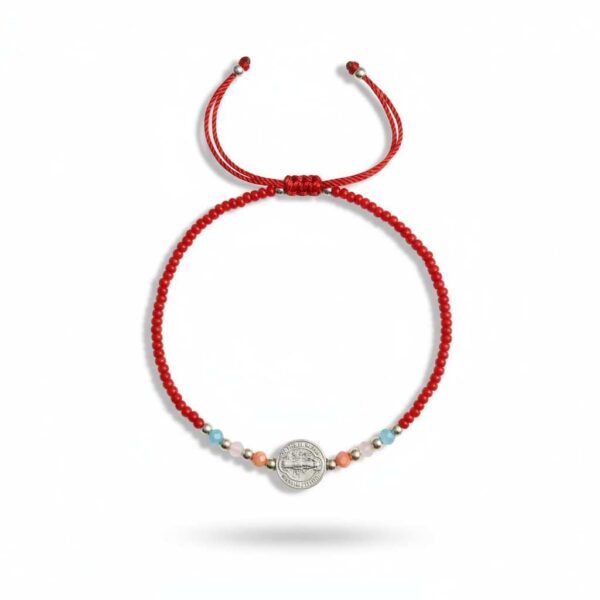 Pulsera de chaquira: San Benito, fuerza y pureza en rojo con destellos color pastel