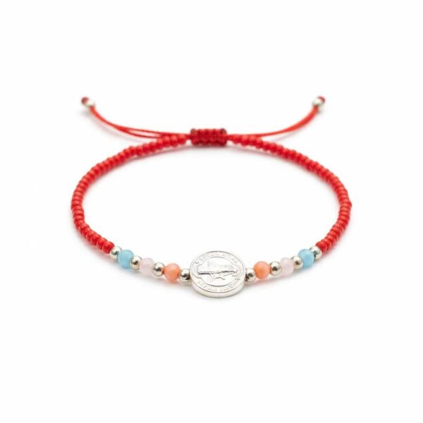 Pulsera de chaquira: San Benito, fuerza y pureza en rojo con destellos color pastel