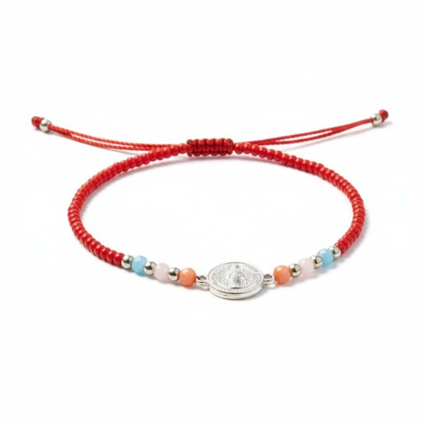 Pulsera de chaquira: San Benito, fuerza y pureza en rojo con destellos color pastel