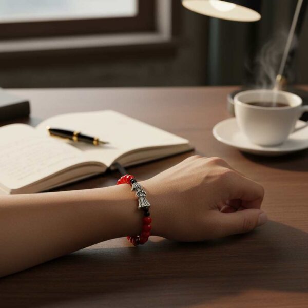 Pulsera devocional: Santa Muerte, poder y pasión (rojo y negro mate)